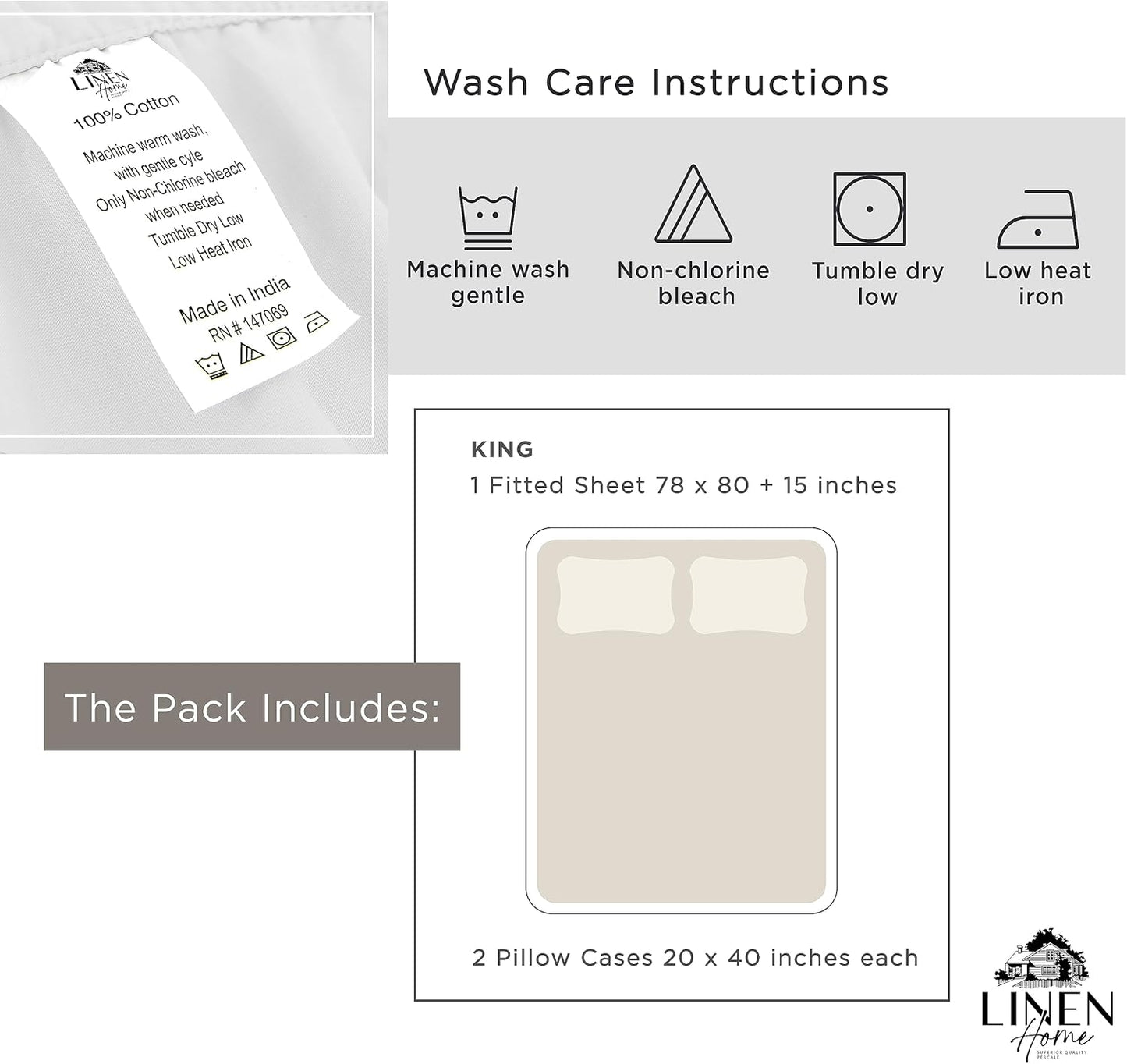 Linen Home 100% Cotton Percale Fitted Sheet Set King Size, Ivory, Deep Pocket, 3 Piece - 1 Deep Pocket Fitted Sheet and 2 Pillowcases, Crisp Cool and Strong Bed Linen