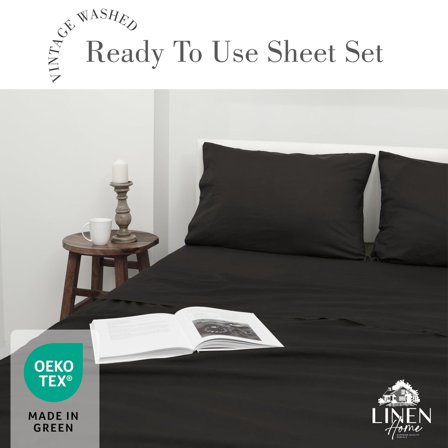 Linen Home Washed Cotton Percale Twin Sheet Set, Charcoal, Preshrunk, 3 Pieces Sets - 1 Flat, 1 Deep Pocket Fitted Sheet & 1 Envelope Closure Pillowcase, Soft, Cool and Comfortable Bed Linen