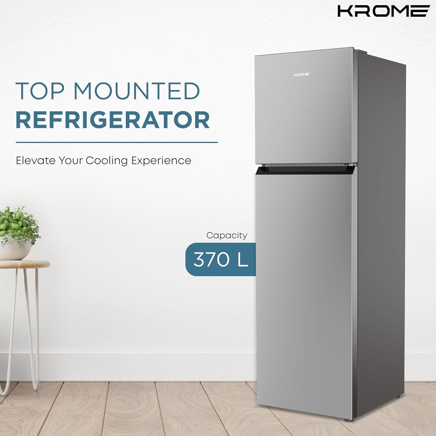 KROME 370L Gross, Top Mount Double Door Refrigerator, Automatic Defrost Freezer, A+ Energy Efficiency, Big Capacity Fridge, Quick Cooling, Silver, 10 Year Compressor Warranty, KR-REF370T