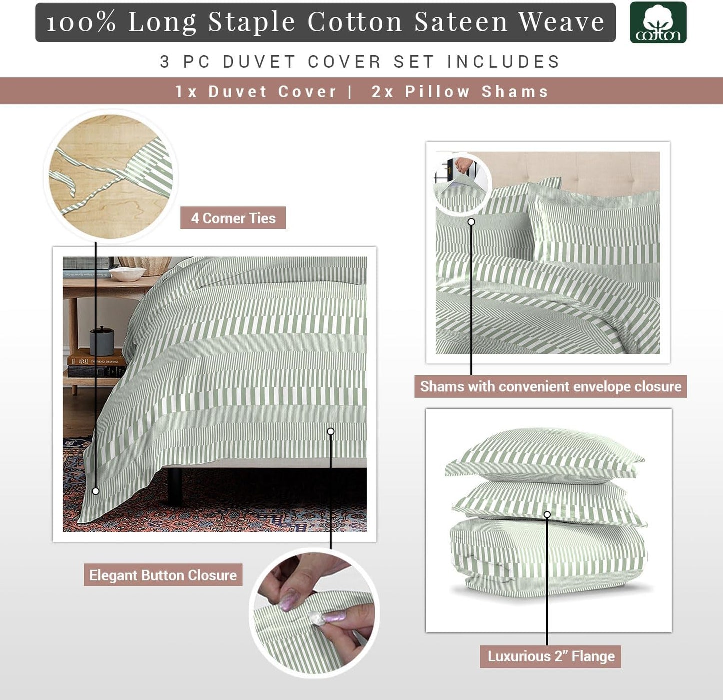 Pizuna 100% Cotton Duvet Cover Queen Size Green Cascade Stripe, 400 Thread Count Long Staple Cotton Cooling Duvet Cover, Sateen Queen Quilt Cover with Button Closure (Printed Duvet Cover Queen)