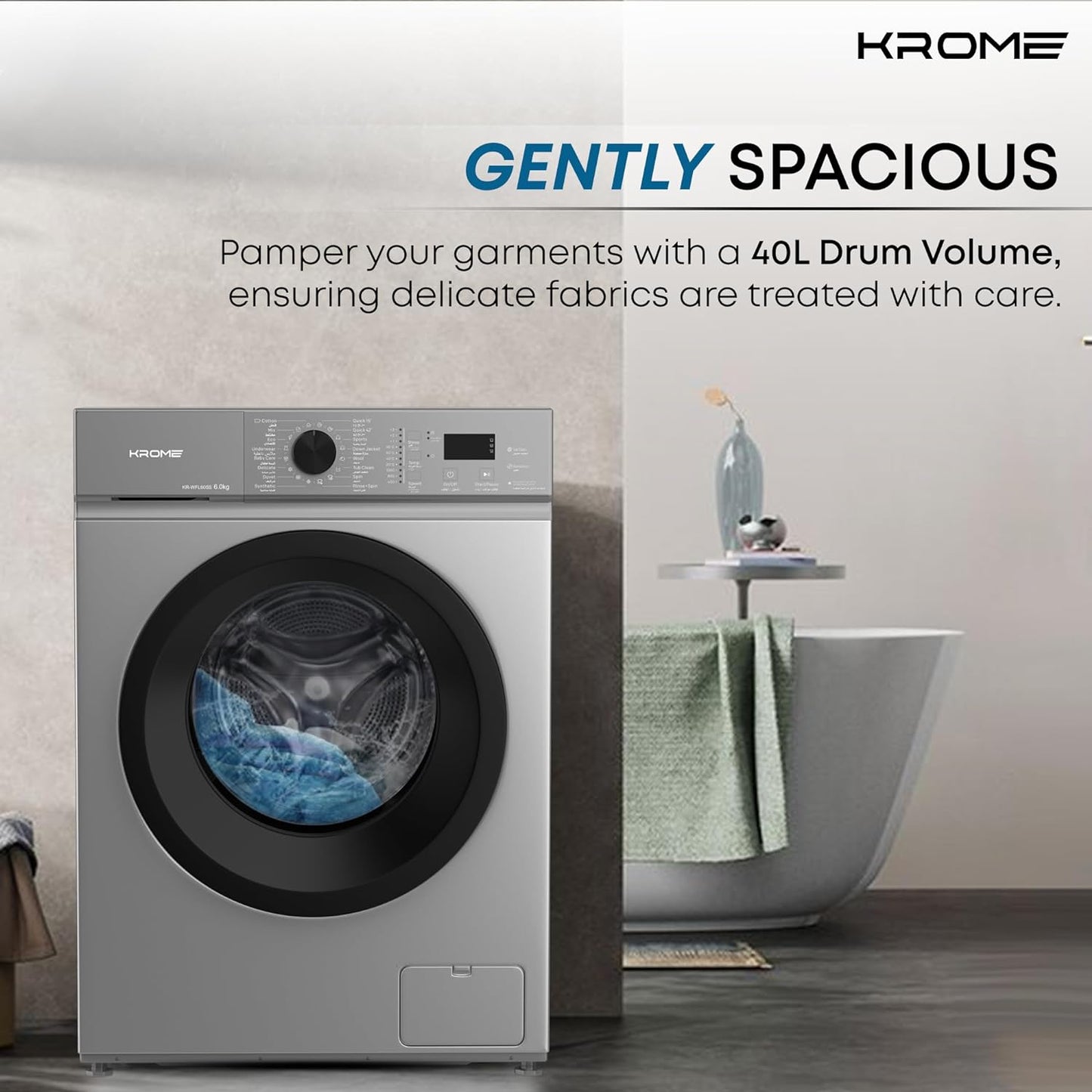 KROME 6Kg 1000 RPM Front Load Washing Machine, LED Display with Universal Motor, 5 Star Energy Efficient, 16 Wash Programs with Variable Temperature Setting,5 Year Motor Warranty White - KR-WFL60S