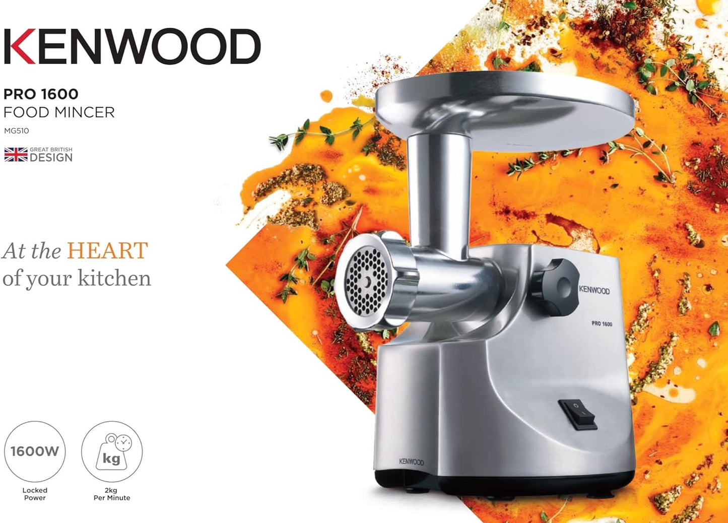 KENWOOD Meat Grinder 1600W Powerful Metal Body Mincer with Kibbeh Maker, Sausage Feed Tube Pusher, 3 Stainless Steel Screens for Fine, Medium & Coarse Results MG510 Silver