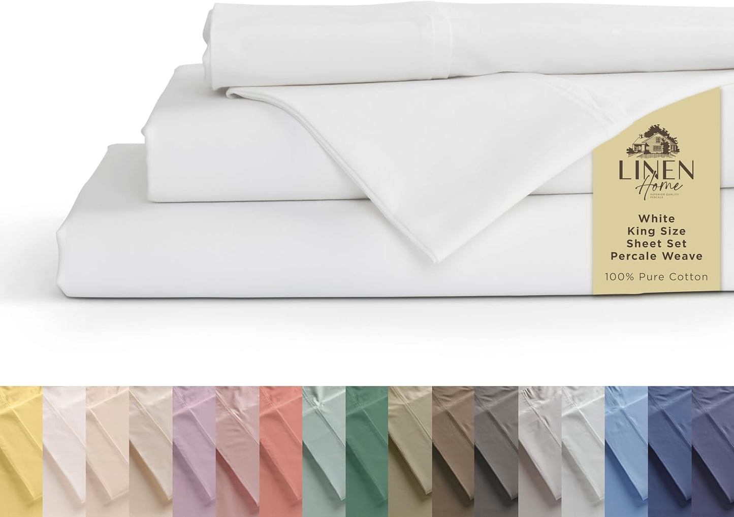 Linen Home 100% Cotton Percale Sheets Full Size, Dove Grey, Deep Pocket, 4 Pieces Set - 1 Flat, 1 Deep Pocket Fitted Sheet and 2 Pillowcases, Crisp Cool and Strong Bed Linen