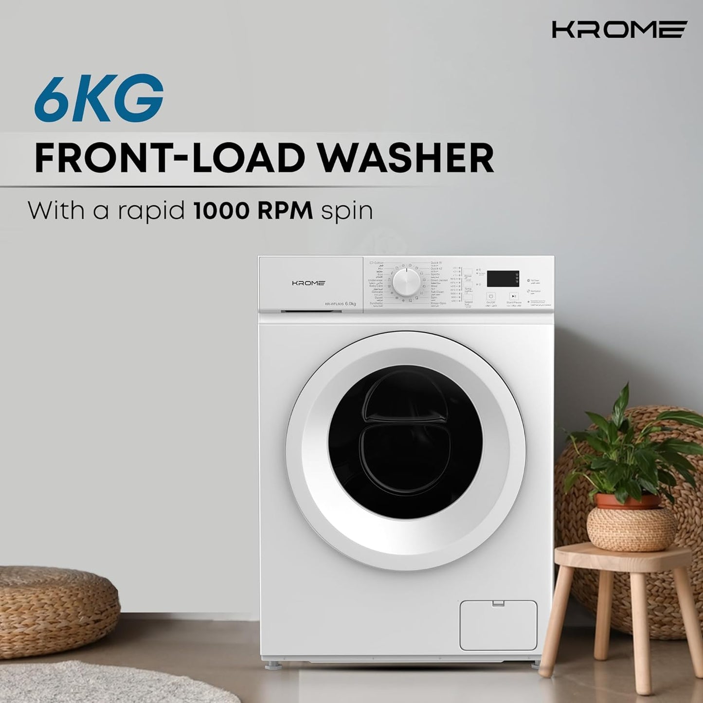 KROME 6Kg 1000 RPM Front Load Washing Machine, LED Display with Universal Motor, 5 Star Energy Efficient, 16 Wash Programs with Variable Temperature Setting,5 Year Motor Warranty White - KR-WFL60S