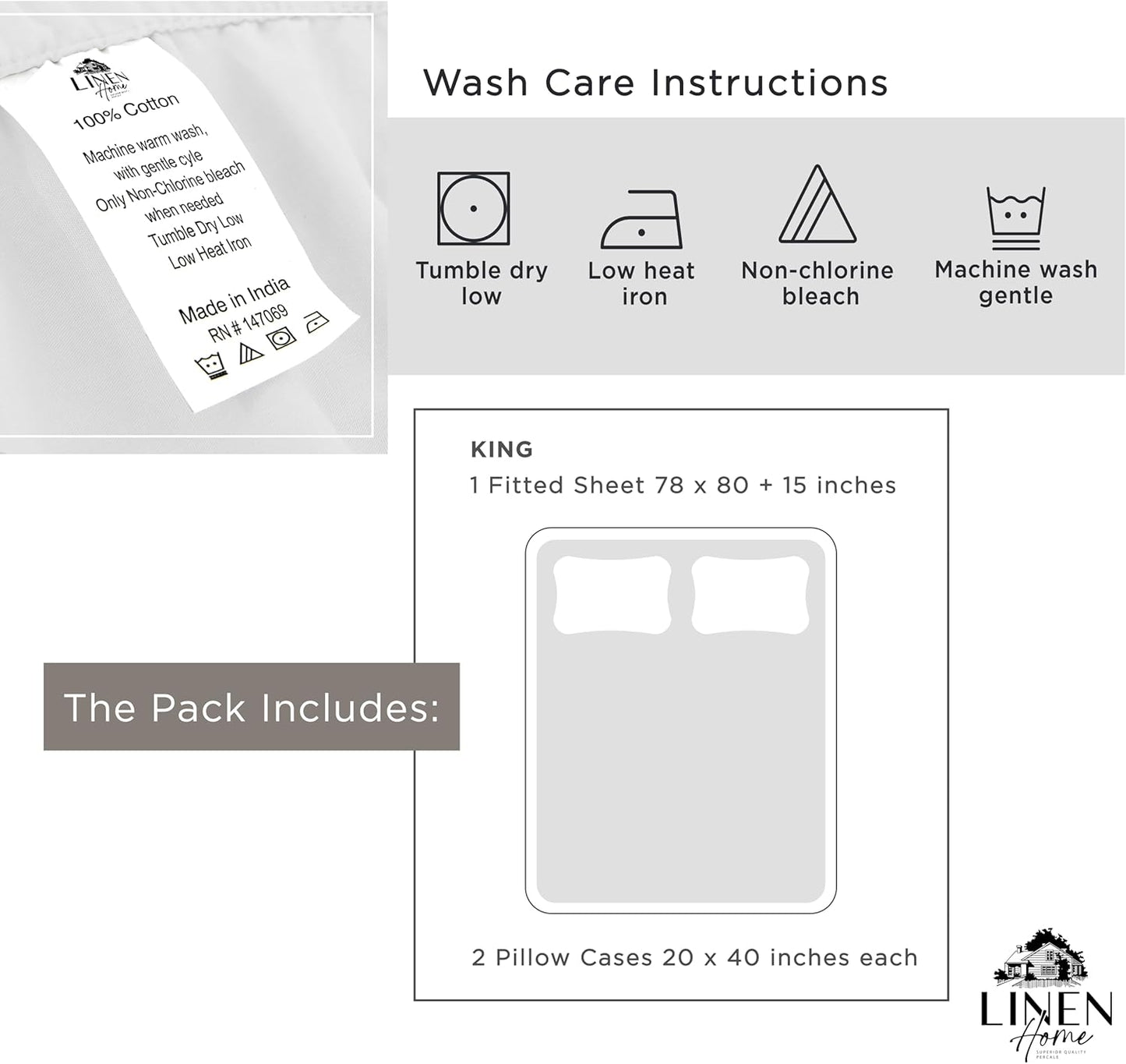 Linen Home 100% Cotton Percale Fitted Sheet Set King Size, Ivory, Deep Pocket, 3 Piece - 1 Deep Pocket Fitted Sheet and 2 Pillowcases, Crisp Cool and Strong Bed Linen