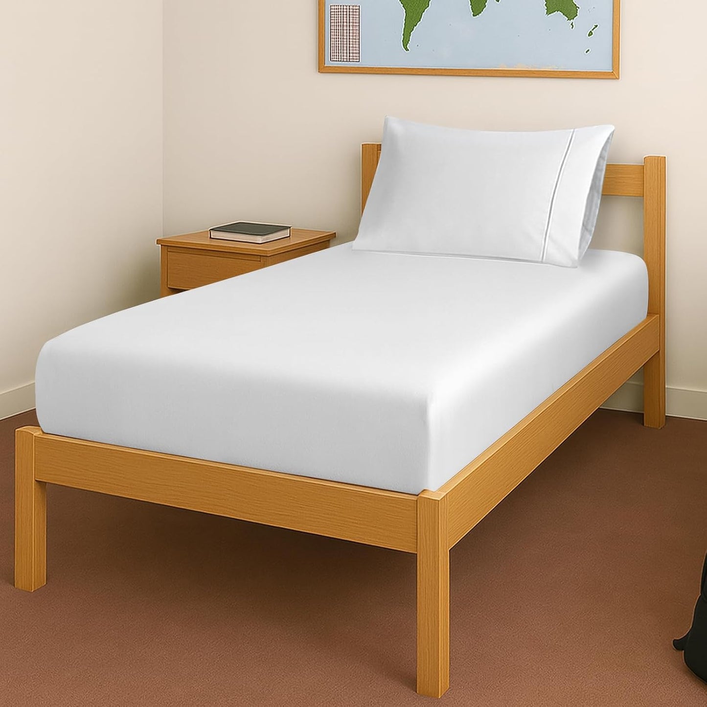 100% Cotton Twin Fitted Sheet White, Luxurious 400 Thread Count Long Staple Cotton Sateen 15" Deep Pocket Twin Sheets (Combed Cotton Fitted Sheet)