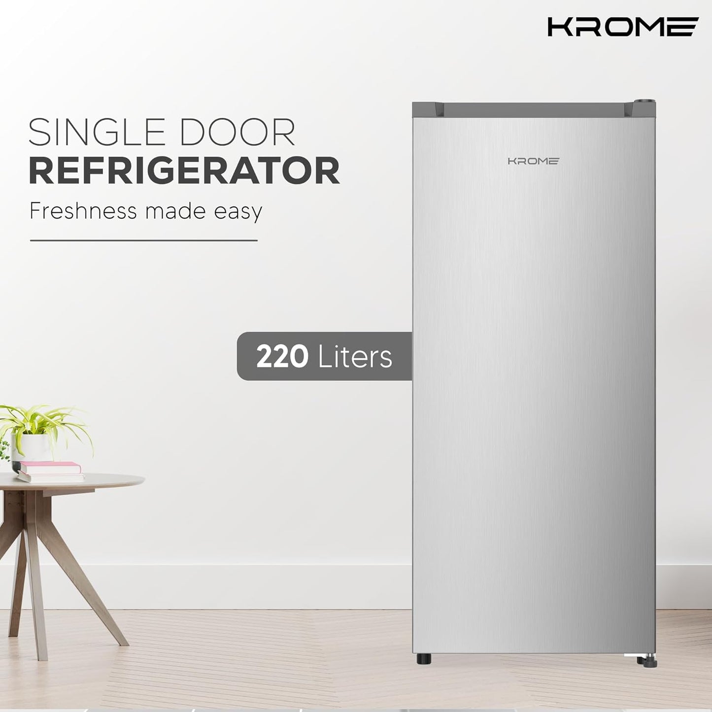 KROME 60L Gross, Single Door Compact Refrigerator, Energy Class A+, Reversible Door, Mini Fridge Suitable for Kitchen, Bedroom Office & Minibar, INOX Color, 5 Year Compressor Warranty- KR-RDC60H