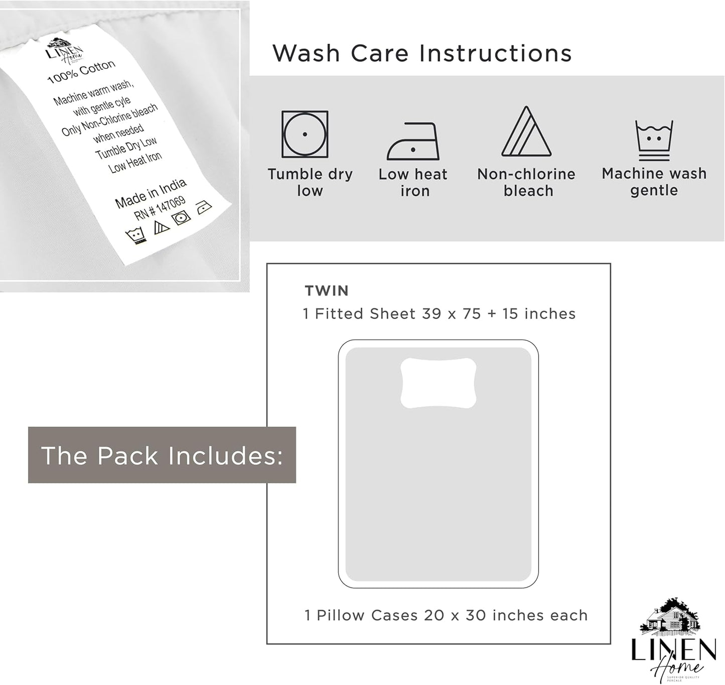 Linen Home 100% Cotton Percale Fitted Sheet Set King Size, Ivory, Deep Pocket, 3 Piece - 1 Deep Pocket Fitted Sheet and 2 Pillowcases, Crisp Cool and Strong Bed Linen