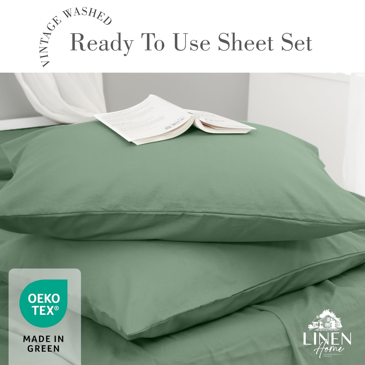 Linen Home Washed Cotton Percale Queen Sheet Set, Navy Blue, Preshrunk, 4 Pieces Sets - 1 Flat, 1 Deep Pocket Fitted Sheet & 2 Envelope Closure Pillowcases, Soft, Cool and Comfortable Bed Linen