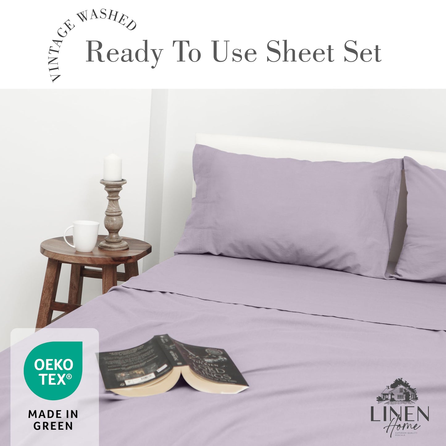 Linen Home Washed Cotton Percale Queen Sheet Set, Navy Blue, Preshrunk, 4 Pieces Sets - 1 Flat, 1 Deep Pocket Fitted Sheet & 2 Envelope Closure Pillowcases, Soft, Cool and Comfortable Bed Linen