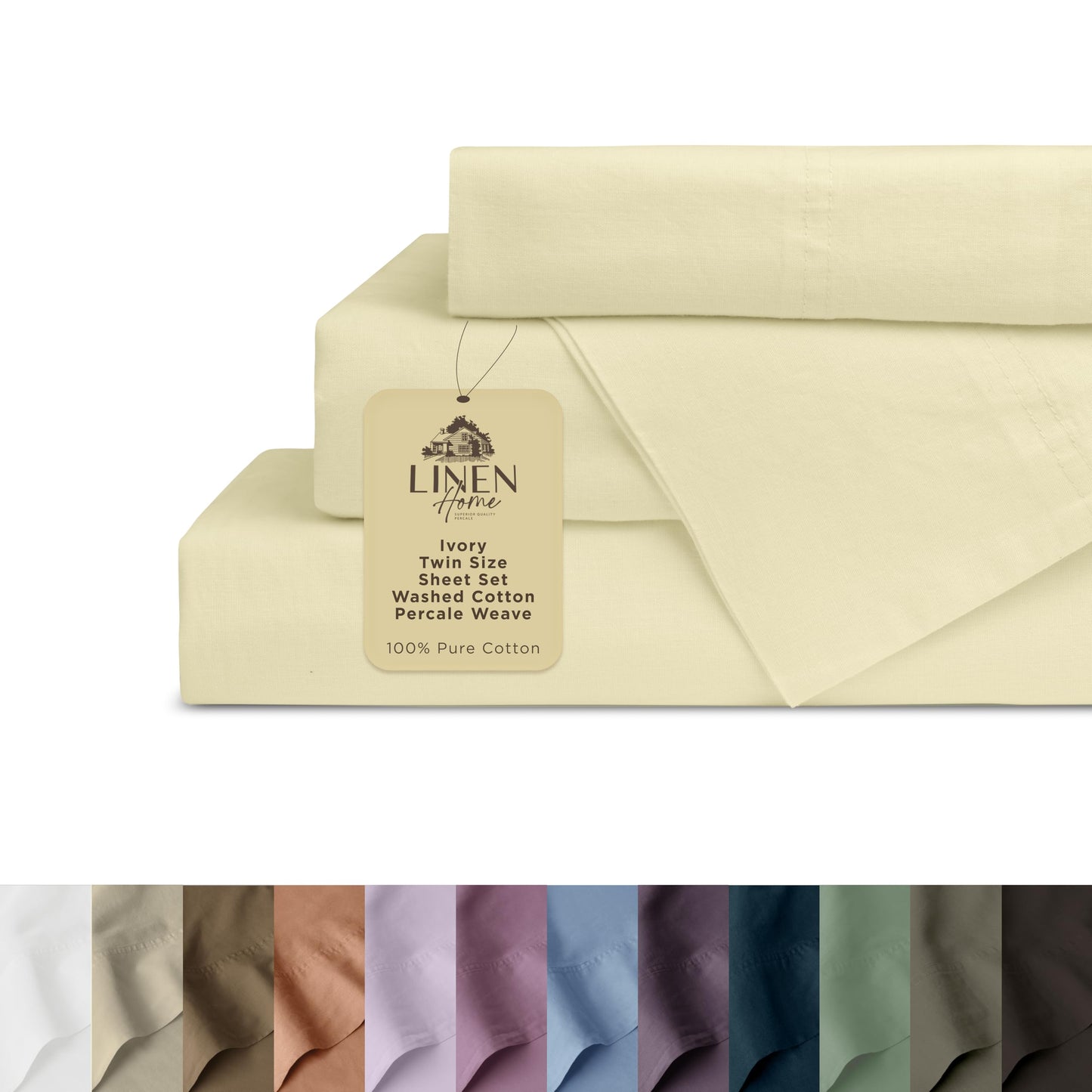 Linen Home Washed Cotton Percale Twin Sheet Set, Charcoal, Preshrunk, 3 Pieces Sets - 1 Flat, 1 Deep Pocket Fitted Sheet & 1 Envelope Closure Pillowcase, Soft, Cool and Comfortable Bed Linen