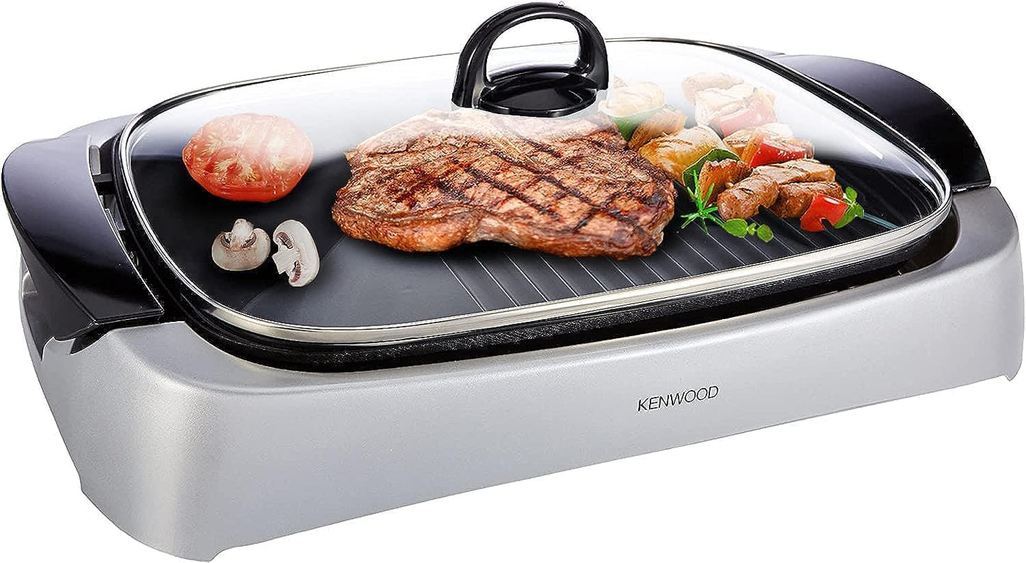 KENWOOD Grill 1700W Contact Health Large Family Sized Griddle with Glass Lid, Variable Temperature Control, Cool Touch Handles - Ideal for Steak, Chicken, Fish, Vegetables HG230 Black