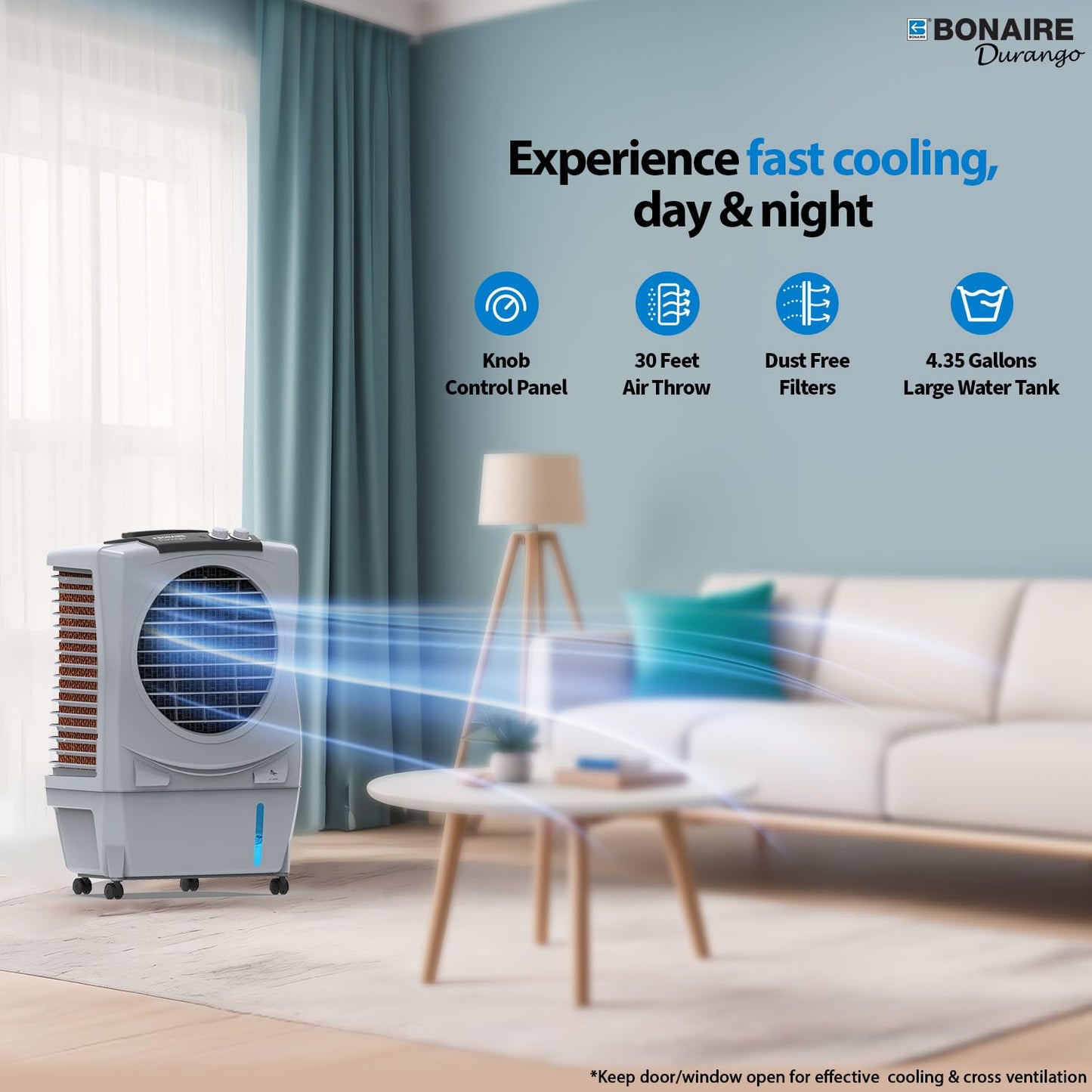 Bonaire Portable Air Conditioner 350 CFM Evaporative Air Cooler for Home Bedroom Office Indoor with Touch Control Panel and Remote, Closable Louvers, 3 Gallon, K350