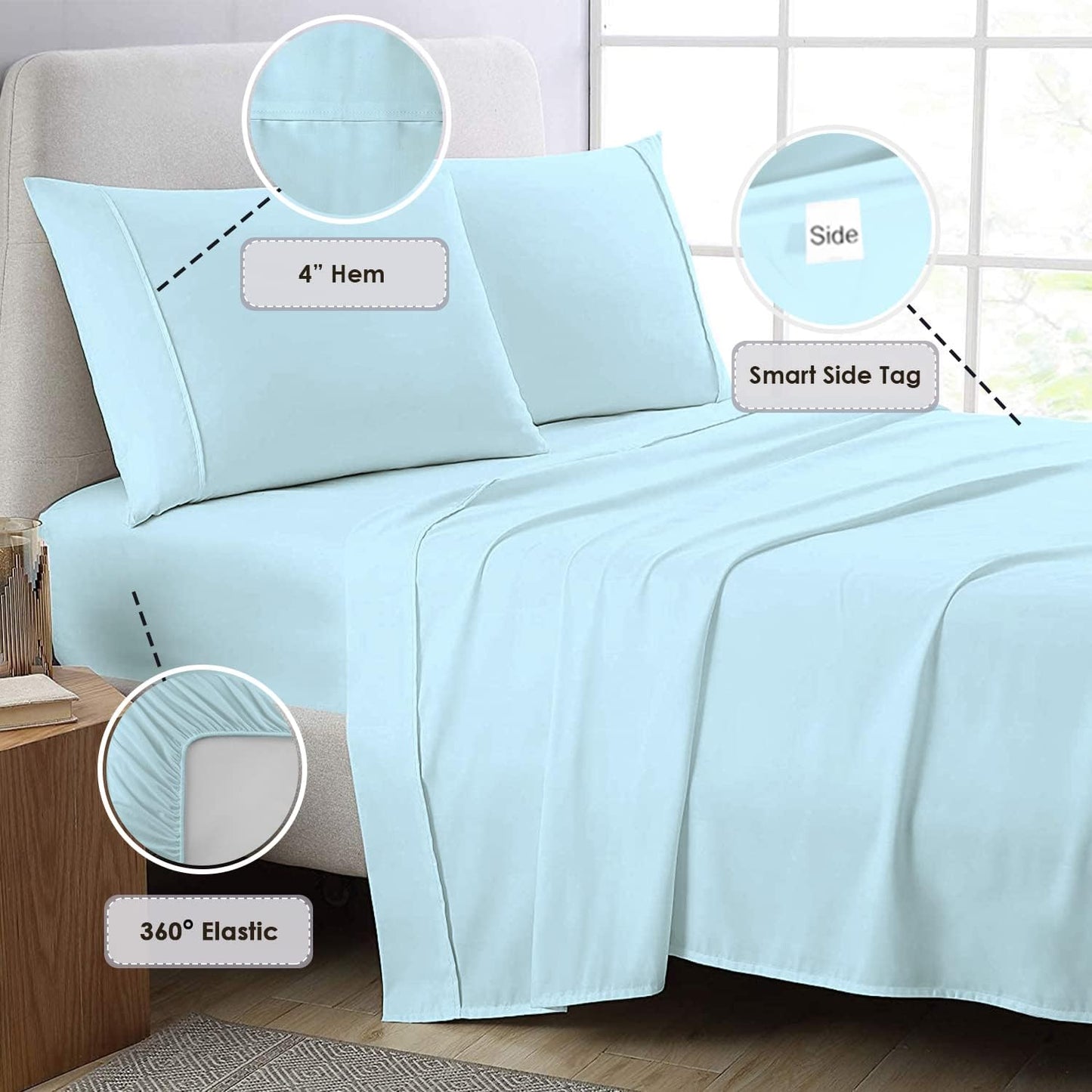 800 Thread Count Baby Blue 6 Piece Queen Sheet Set with 2 Extra Pillow Cases, 100% Long Staple Cotton Smooth Sateen Weave Bed Sheets with Deep Pockets, Value Pack 6 pc Cotton Sheets Queen Baby Blue