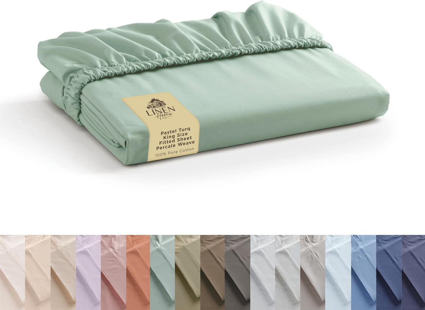 Linen Home 100% Cotton Percale Weave Fitted Sheet, King Size, Pastel Turk, 1 Deep Pocket Fitted Sheet, Fits Mattress Upto 16" Crisp and Cool Strong Bed Linen, 78"X80"+15"