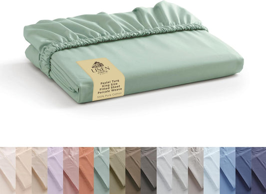 Linen Home 100% Cotton Percale Weave Fitted Sheet, King Size, Pastel Turk, 1 Deep Pocket Fitted Sheet, Fits Mattress Upto 16" Crisp and Cool Strong Bed Linen, 78"X80"+15"