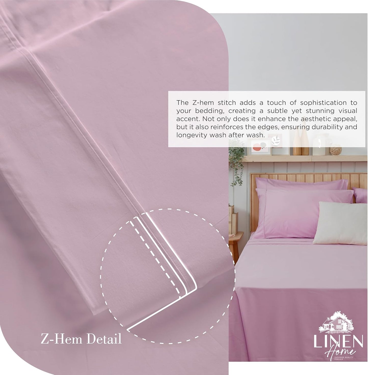Linen Home 100% Cotton Percale Sheets King Size, Mauve Lavender, Deep Pocket, 4 Pieces Set - 1 Flat, 1 Deep Pocket Fitted Sheet and 2 Pillowcases, Crisp Cool and Strong Bed Linen