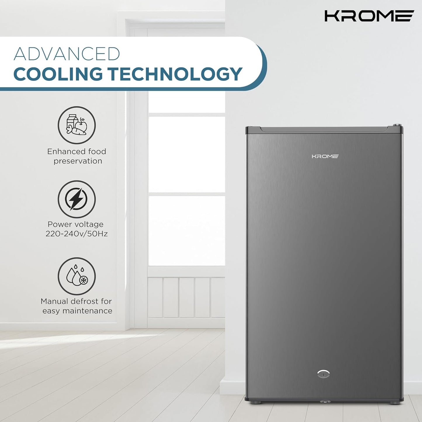KROME 60L Gross, Single Door Compact Refrigerator, Energy Class A+, Reversible Door, Mini Fridge Suitable for Kitchen, Bedroom Office & Minibar, INOX Color, 5 Year Compressor Warranty- KR-RDC60H