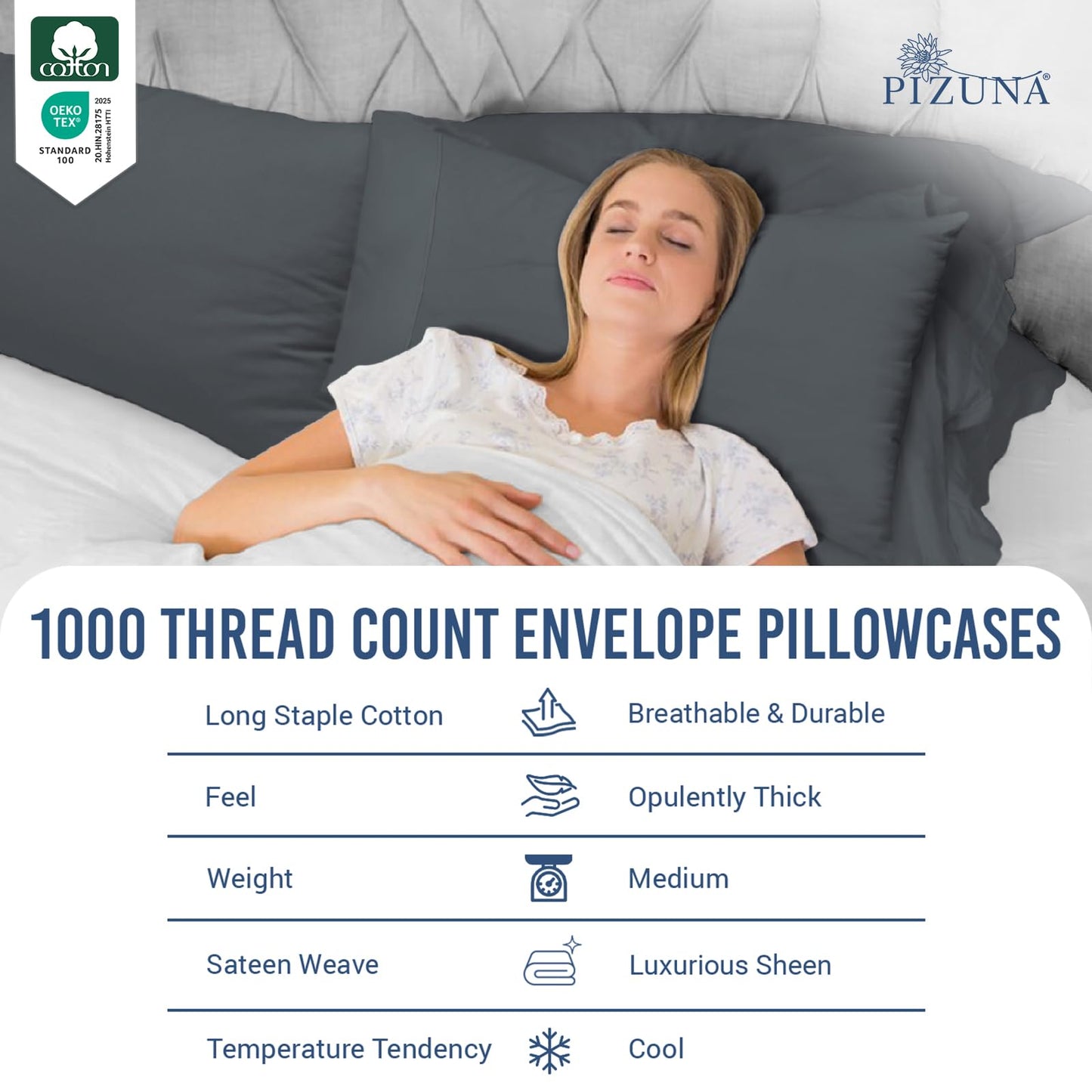 Pizuna 100% Luxury Cotton King Size Pillow Case Dark Blue, 1000 Thread Count 100% Long Staple Cotton Sateen Pillowcase, Pillow Covers with Stylish 4" Hem (Combed Cotton King Pillowcase Set of 2)