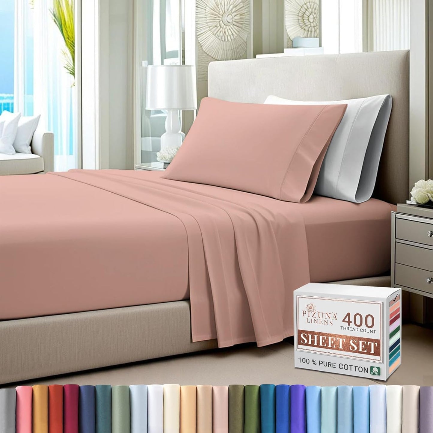 100% Cotton Sheets Full Size, Luxurious 400 Thread Count Long Staple Cotton Sateen Sheets with 15inch Deep Pocket (Combed Silver Sheet Full)