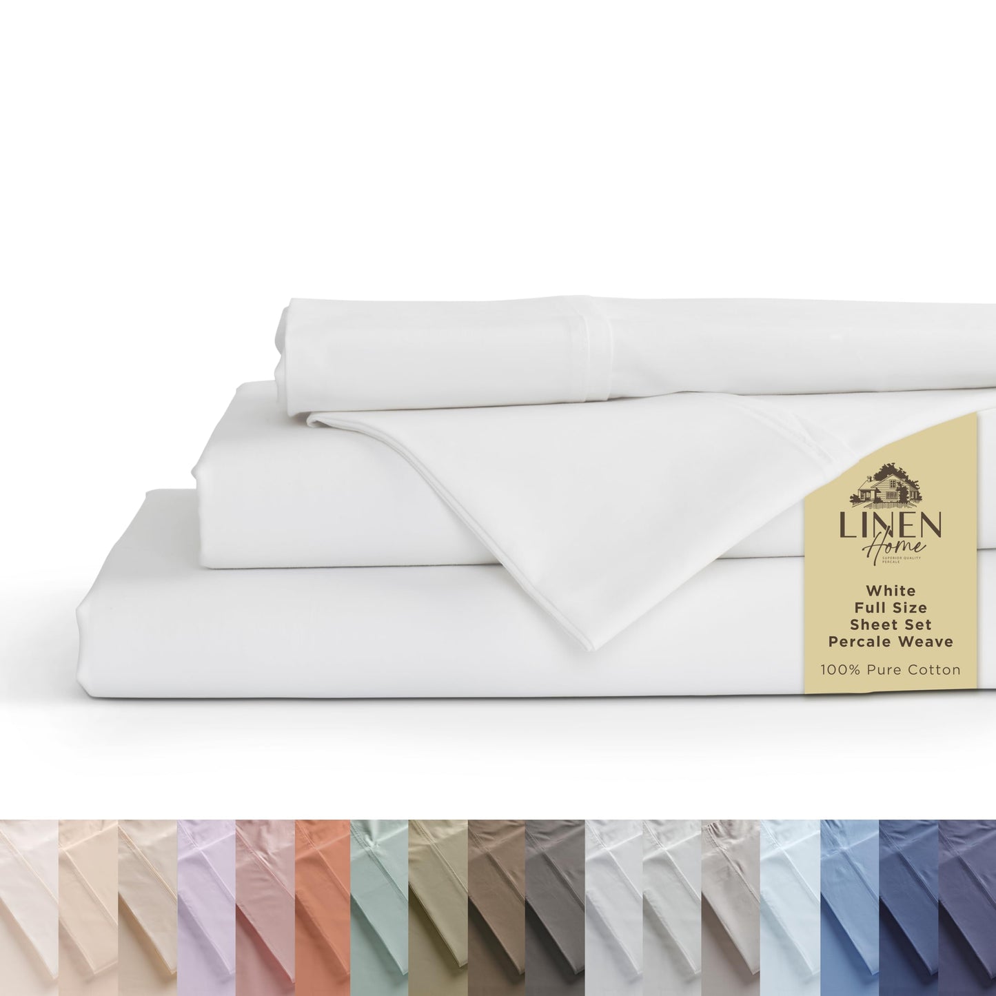 Linen Home 100% Cotton Percale Sheets Full Size, White, Deep Pocket, 4 Pieces Set - 1 Flat, 1 Deep Pocket Fitted Sheet and 2 Pillowcases, Crisp Cool and Strong Bed Linen