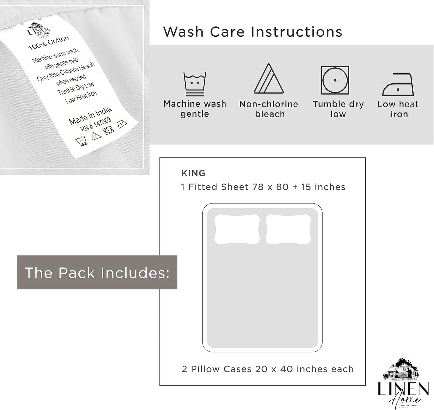 Linen Home 100% Cotton Percale Fitted Sheet Set King Size, White, Deep Pocket, 3 Piece - 1 Deep Pocket Fitted Sheet and 2 Pillowcases, Crisp Cool and Strong Bed Linen