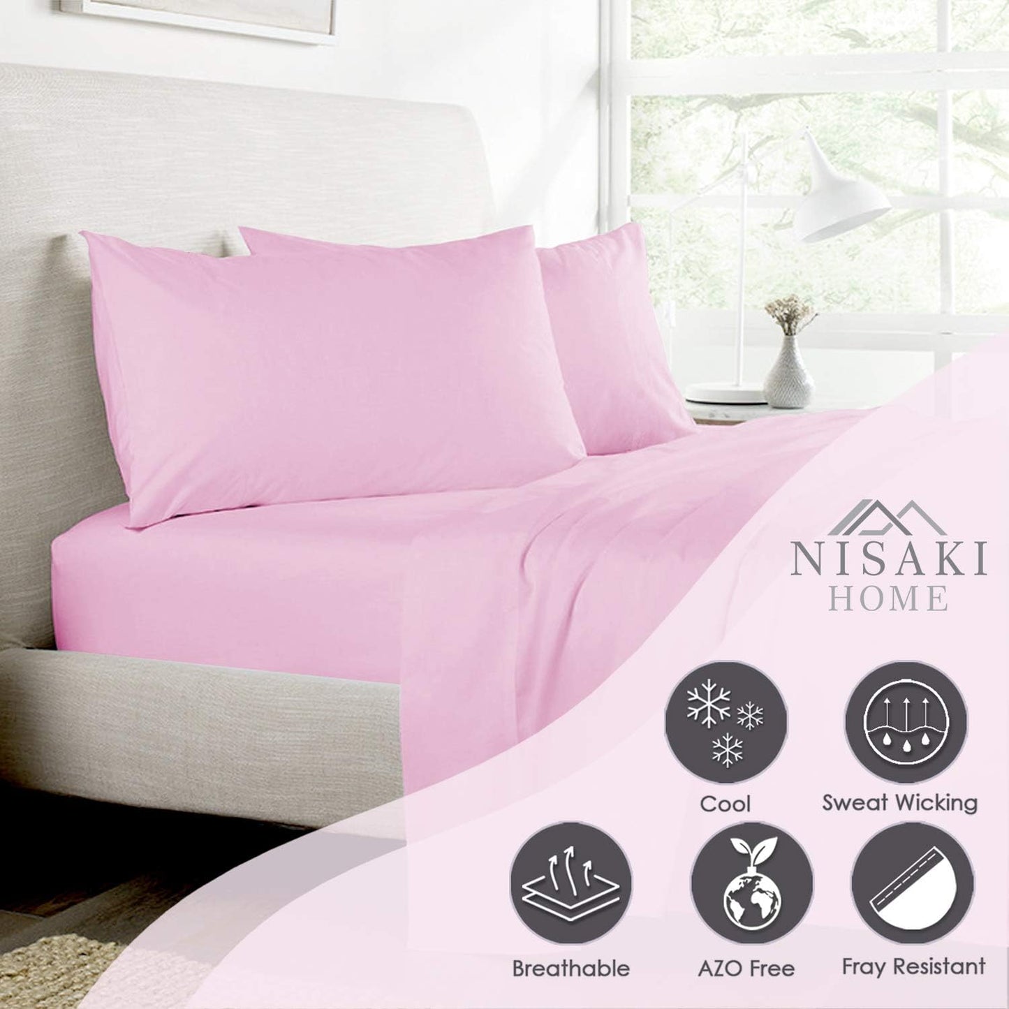 Nisaki Cotton-Sateen-Sheets Set Lilac Pink, 100% Long Staple Cotton King-Bed-Sheet 4piece Bedding-Sets, Breathable Lilac Pink Bed Sheet Set Fits Upto 15 inch (100% Cotton Deep Pocket Sheets)