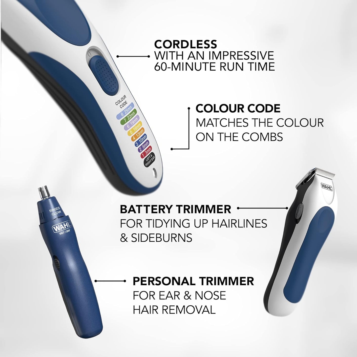 Wahl Colour Pro Cordless Clipper Kit, Soft Hairbrush Neck Duster, 12 Colour Coded Guide Combs, Hair Clippers for Men, Head Shaver, Men's Hair Clippers, Easy Home Haircutting, Family Haircuts