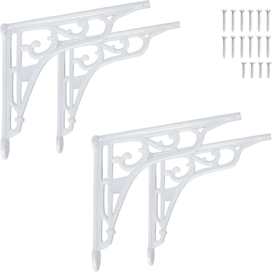 Wall Shelf Brackets, 9.25 inches, Set of 4 Ornate Pattern in White Finish Bracket, Includes Mounting Hardware