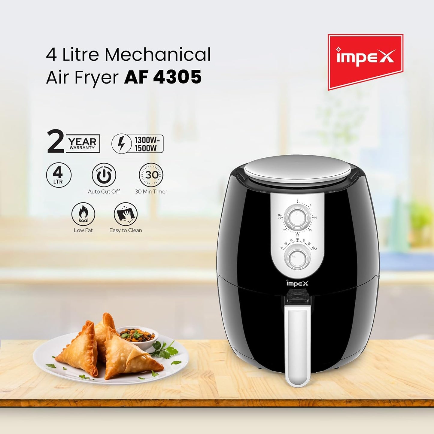 Impex 2.5 Ltr Air Fryer - Ideal for Meat, Fish, Vegetables, French Fries, Temperature Control 80°C-200°C, Timer 30 Mins with 2 Year Warranty-Black (AF 4302)