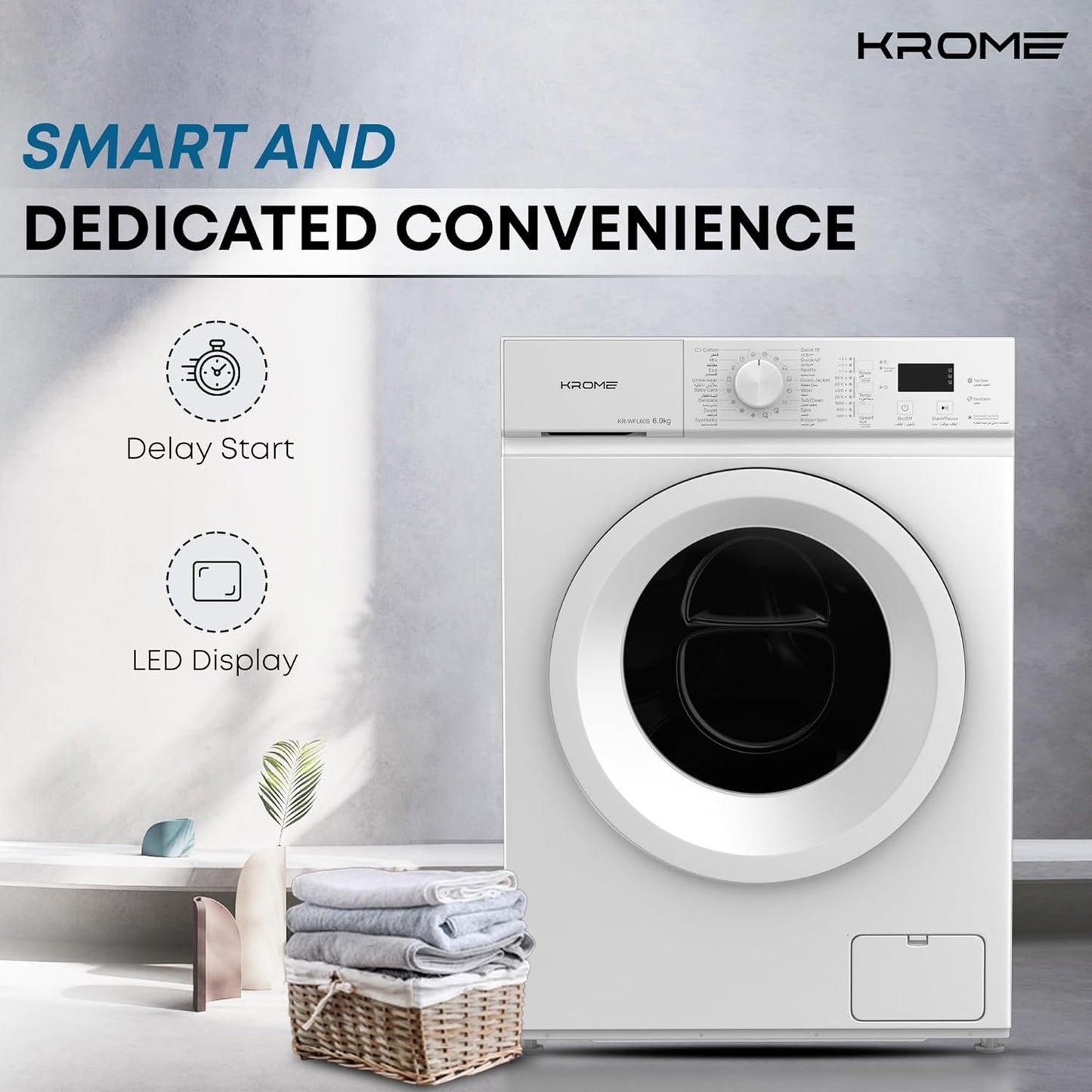 KROME 6Kg 1000 RPM Front Load Washing Machine, LED Display with Universal Motor, 5 Star Energy Efficient, 16 Wash Programs with Variable Temperature Setting,5 Year Motor Warranty White - KR-WFL60S