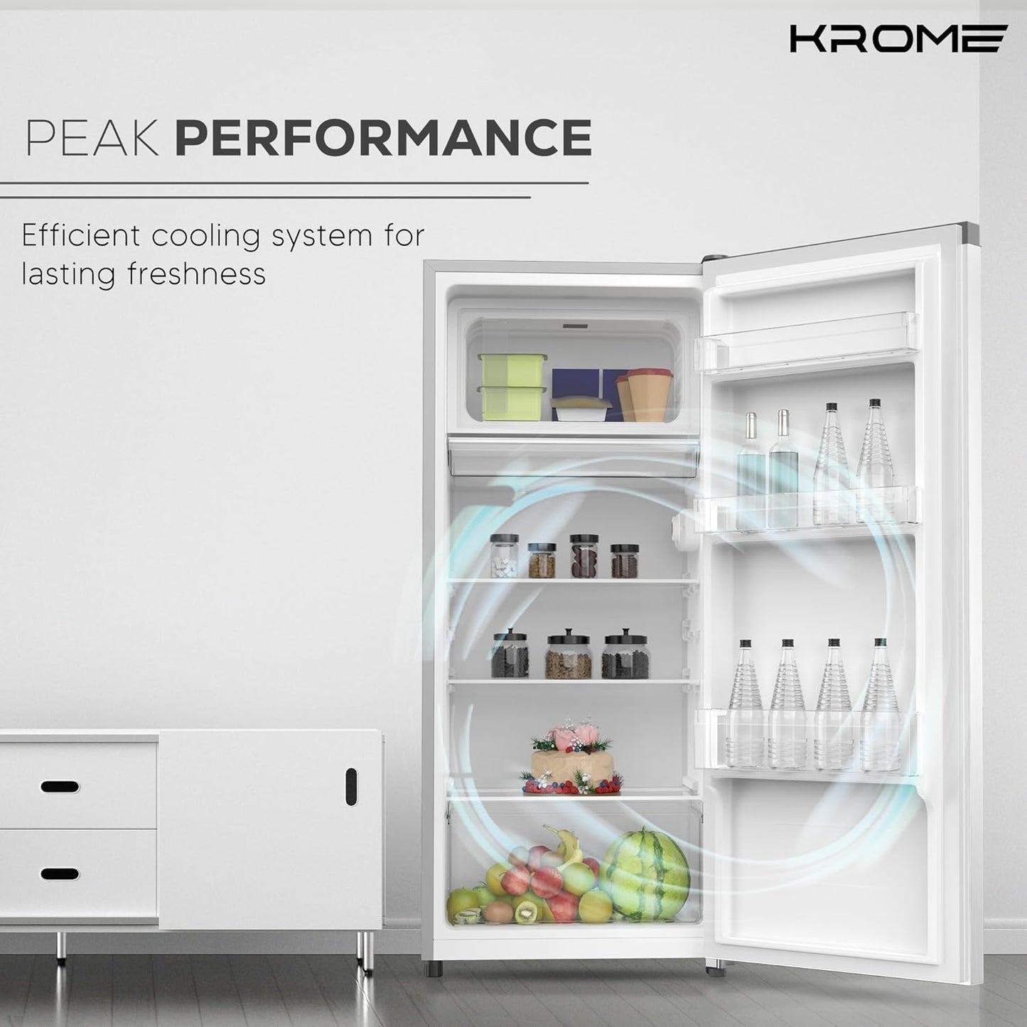 KROME 60L Gross, Single Door Compact Refrigerator, Energy Class A+, Reversible Door, Mini Fridge Suitable for Kitchen, Bedroom Office & Minibar, INOX Color, 5 Year Compressor Warranty- KR-RDC60H