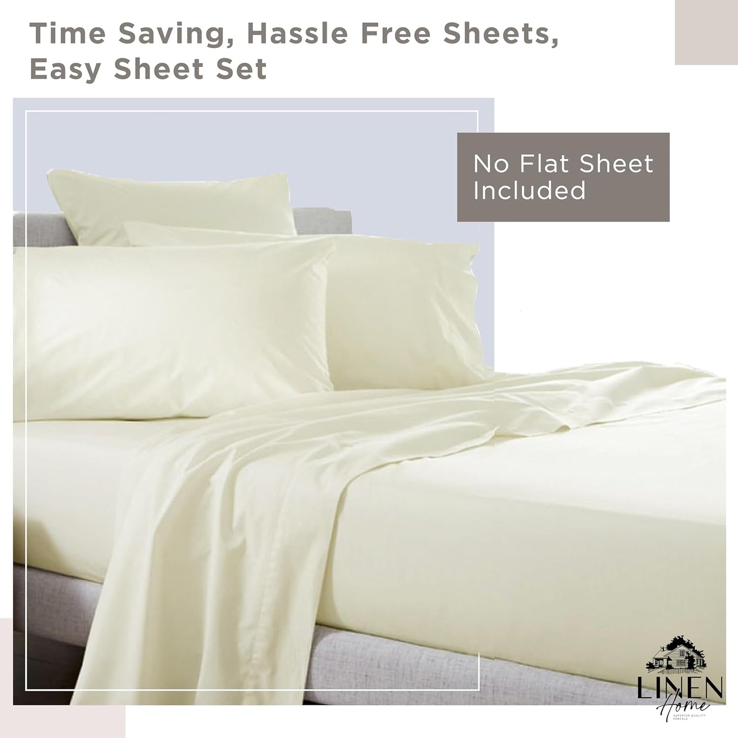 Linen Home 100% Cotton Percale Fitted Sheet Set King Size, Ivory, Deep Pocket, 3 Piece - 1 Deep Pocket Fitted Sheet and 2 Pillowcases, Crisp Cool and Strong Bed Linen
