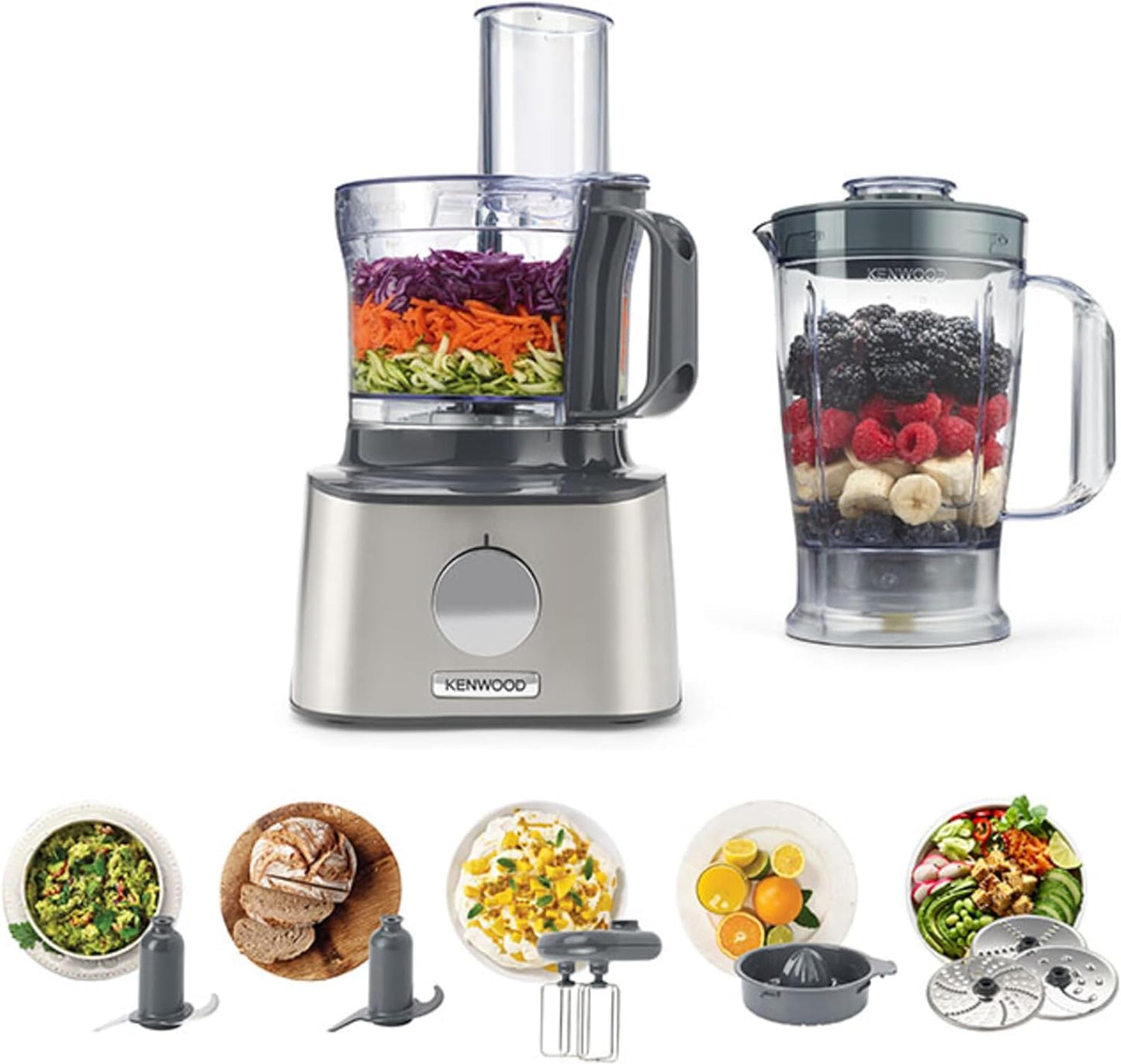 Kenwood Food Processor 1000W Multi-Functional With 3 Stainless Steel Disks, Glass Blender, Chopper Bowl, Grinder Mill, Juicer Extractror, Dual Metal Whisk, Dough Maker, Citrus Juicer Fdm788Ba Silver