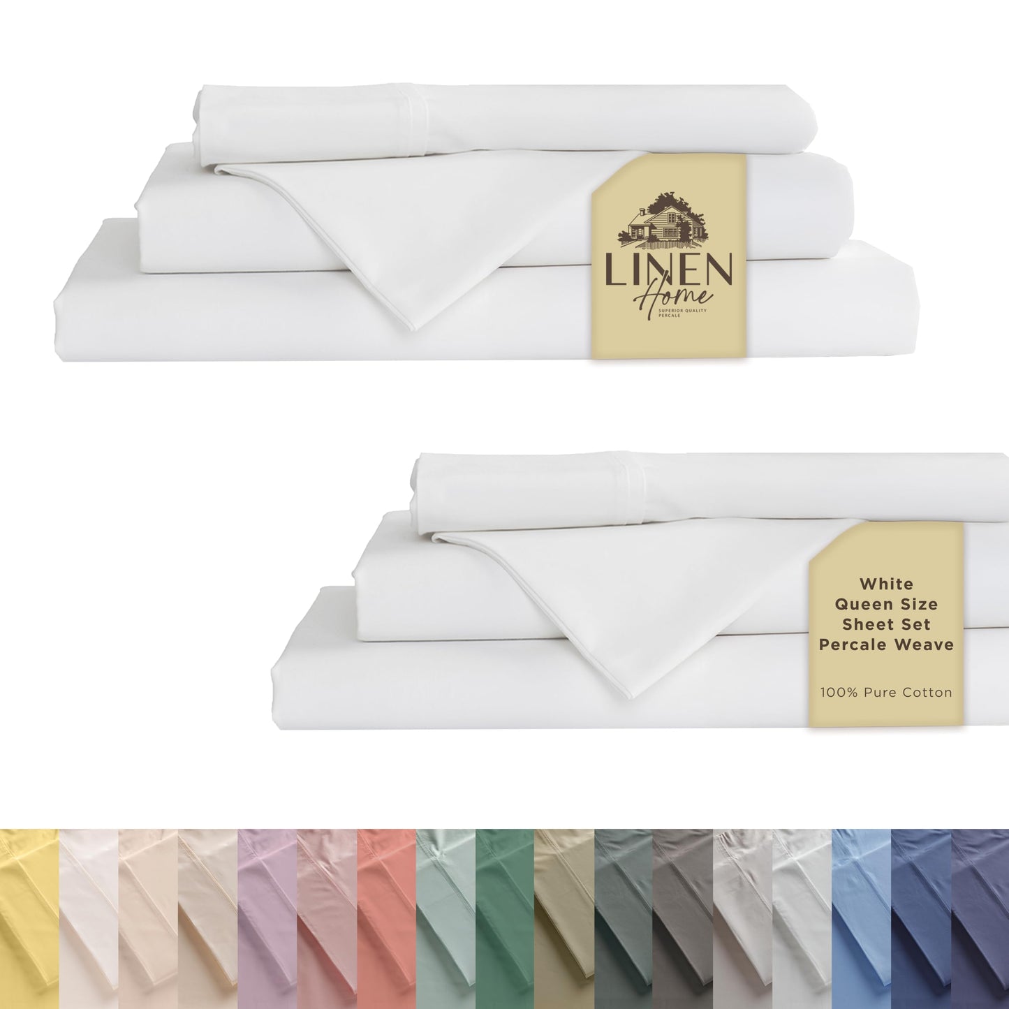 Linen Home 100% Cotton Percale Sheets Twin XL Size, White, Deep Pocket, 3 Pieces Set - 1 Flat, 1 Deep Pocket Fitted Sheet and 1 Pillowcase, Crisp Cool and Strong Bed Linen