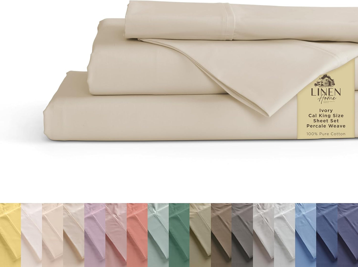 Linen Home 100% Cotton Percale Sheets Full Size, Dove Grey, Deep Pocket, 4 Pieces Set - 1 Flat, 1 Deep Pocket Fitted Sheet and 2 Pillowcases, Crisp Cool and Strong Bed Linen