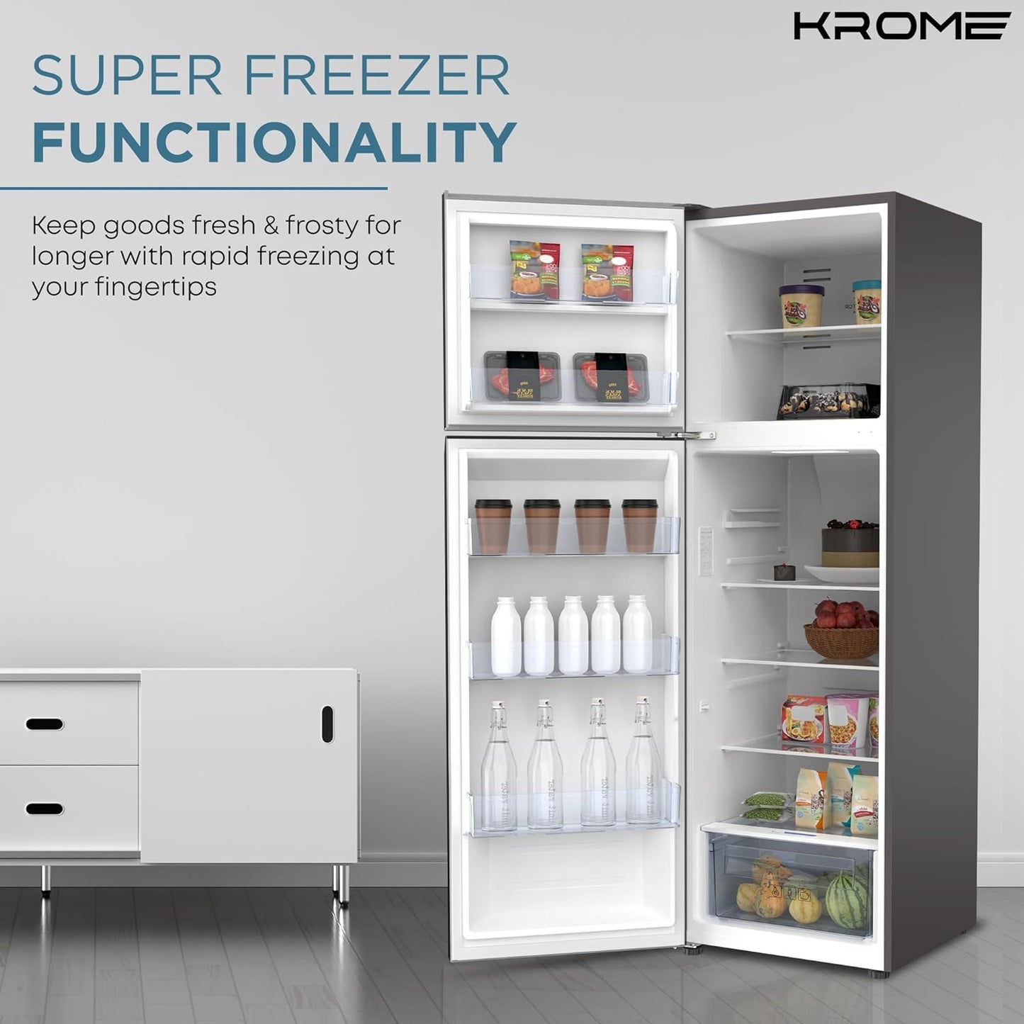 KROME 370L Gross, Top Mount Double Door Refrigerator, Automatic Defrost Freezer, A+ Energy Efficiency, Big Capacity Fridge, Quick Cooling, Silver, 10 Year Compressor Warranty, KR-REF370T