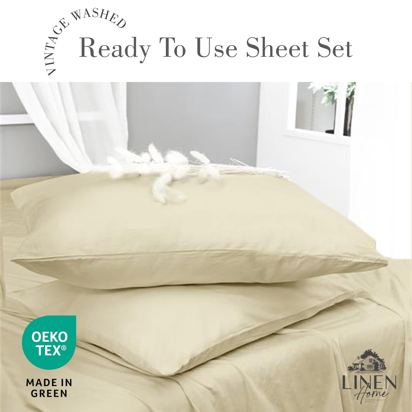 Linen Home Washed Cotton Percale Full Sheet Set, Baby Blue, Preshrunk, 4 Pieces Sets - 1 Flat, 1 Deep Pocket Fitted Sheet & 2 Envelope Closure Pillowcases, Soft, Cool and Comfortable Bed Linen