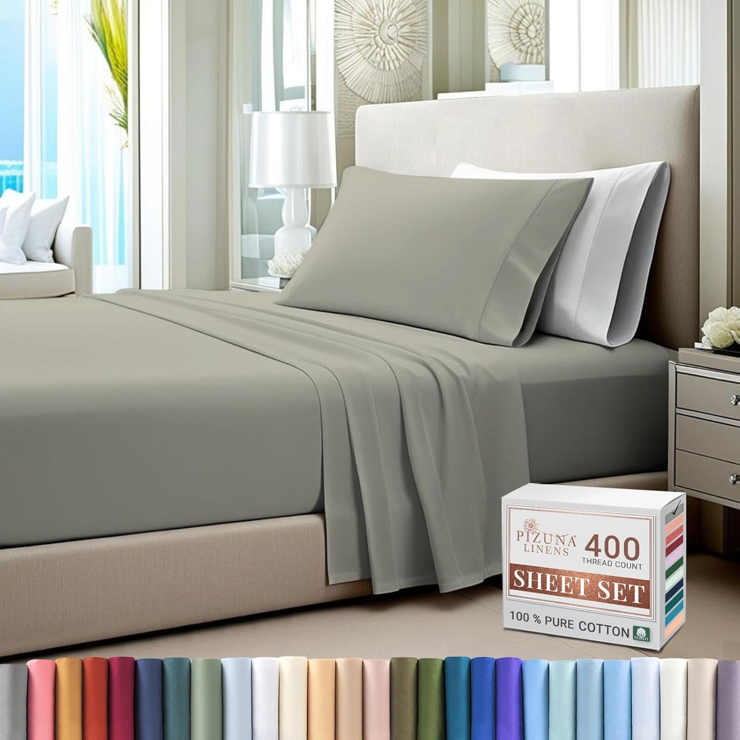 100% Cotton Sheets Full Size, Luxurious 400 Thread Count Long Staple Cotton Sateen Sheets with 15inch Deep Pocket (Combed Silver Sheet Full)