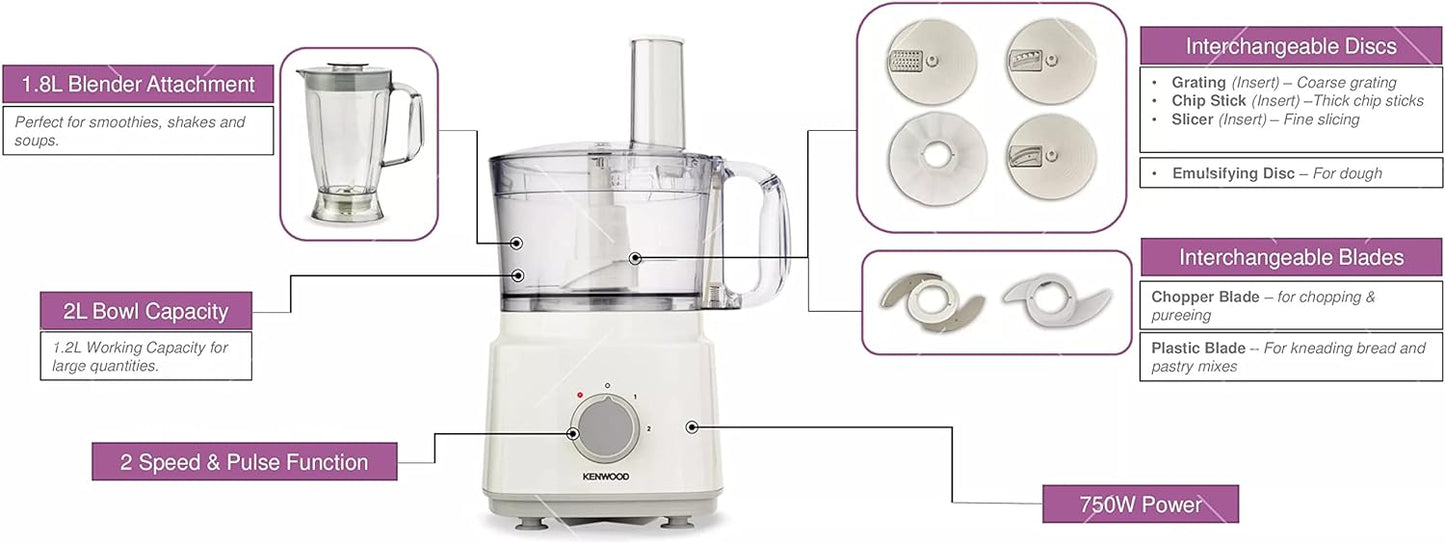 Kenwood Food Processor 750W Multi-Functional With 3 Interchangeable Disks, Blender, Whisk, Dough Maker Fdp03 White