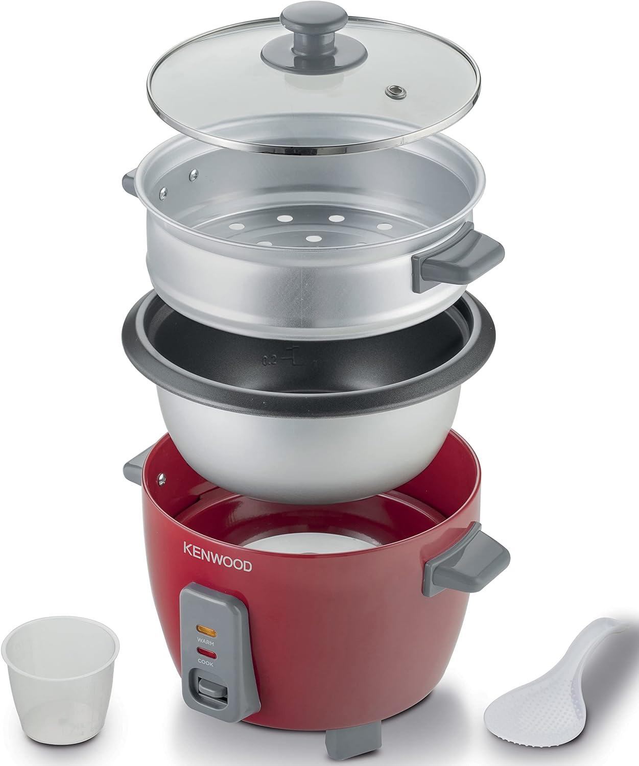 KENWOOD 2-in-1 Rice Cooker 0.6L 3-Cups Rice with Food Steamer Basket, Non-Stick Cooking Pot, Temepered Glass Lid, Warm/Cook Lights, Spatula Holder, Detachable Cord RCM30.000RD Red