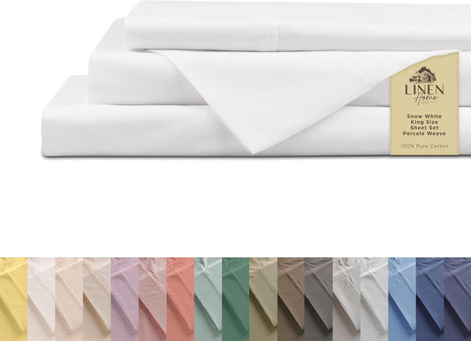 Linen Home 100% Cotton Percale Sheets King Size, Snow White, Deep Pocket, 4 Pieces Set - 1 Flat, 1 Deep Pocket Fitted Sheet and 2 Pillowcases, Crisp Cool and Strong Bed Linen