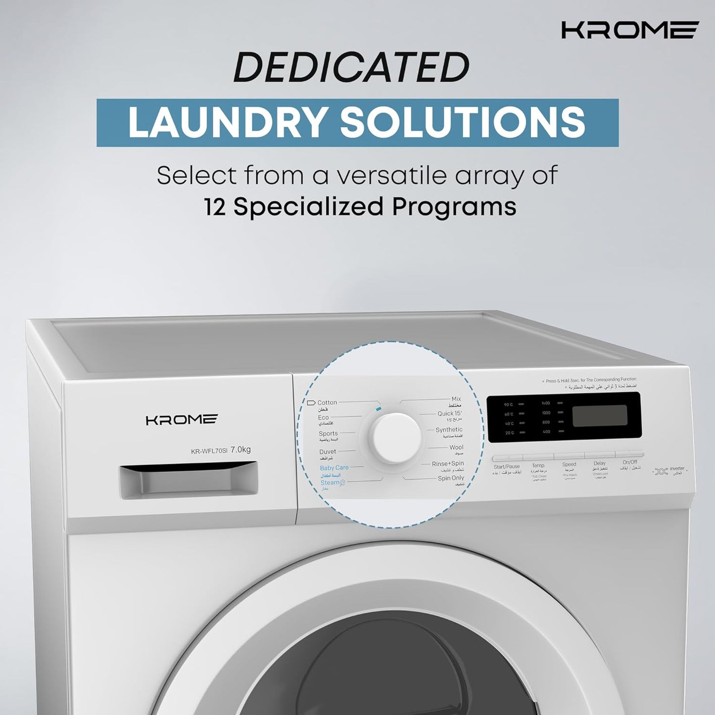 KROME 7Kg 1400 RPM Front Loading Washing Machine, LED Display with BLDC Inverter Motor, 12 Wash Programs, 4 Star Energy Efficient with Variable Temperature Setting, White - KR-WFL70SI