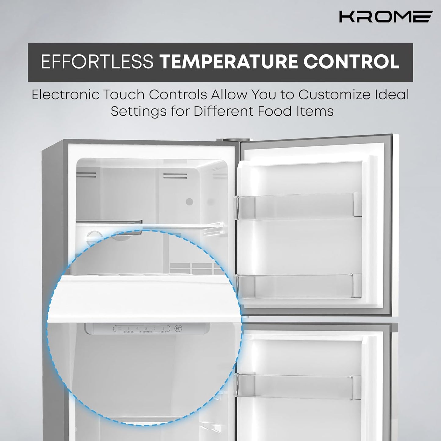 KROME 330L Gross,Double Door Top Mounted Refrigerator with Multi Air Flow System,No-Frost Cooling with Electronic Touch Temperature Control,Door Alarm,Silver,10 Year Compressor Warranty - KR-RFF 330SM