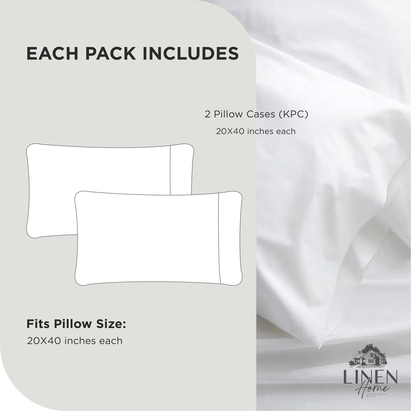 Linen Home 100% Cotton Percale Pillowcases King Size, Baby Blue, 2 Pieces of Pillow Case, Crisp and Cool Strong Bed Linen, 20 inches X 40 inches