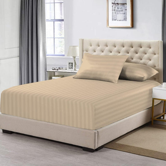 Pizuna 100% Cotton Dobby Striped Fitted Sheet Queen Size Taupe 1 Pc, 300 Thread Count Long Staple Cotton Sateen Damask Queen Fitted Sheet Only with 15 Inch Deep Pocket (Taupe Striped Sheets 1 Pc) -