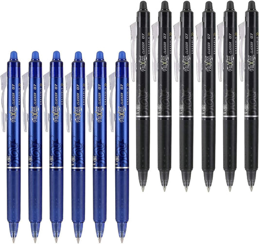 Pilot FriXion Clicker 0.7mm, Erasable Gel Pens, Fine Point, 6 Black & 6 Blue (12 Pens)