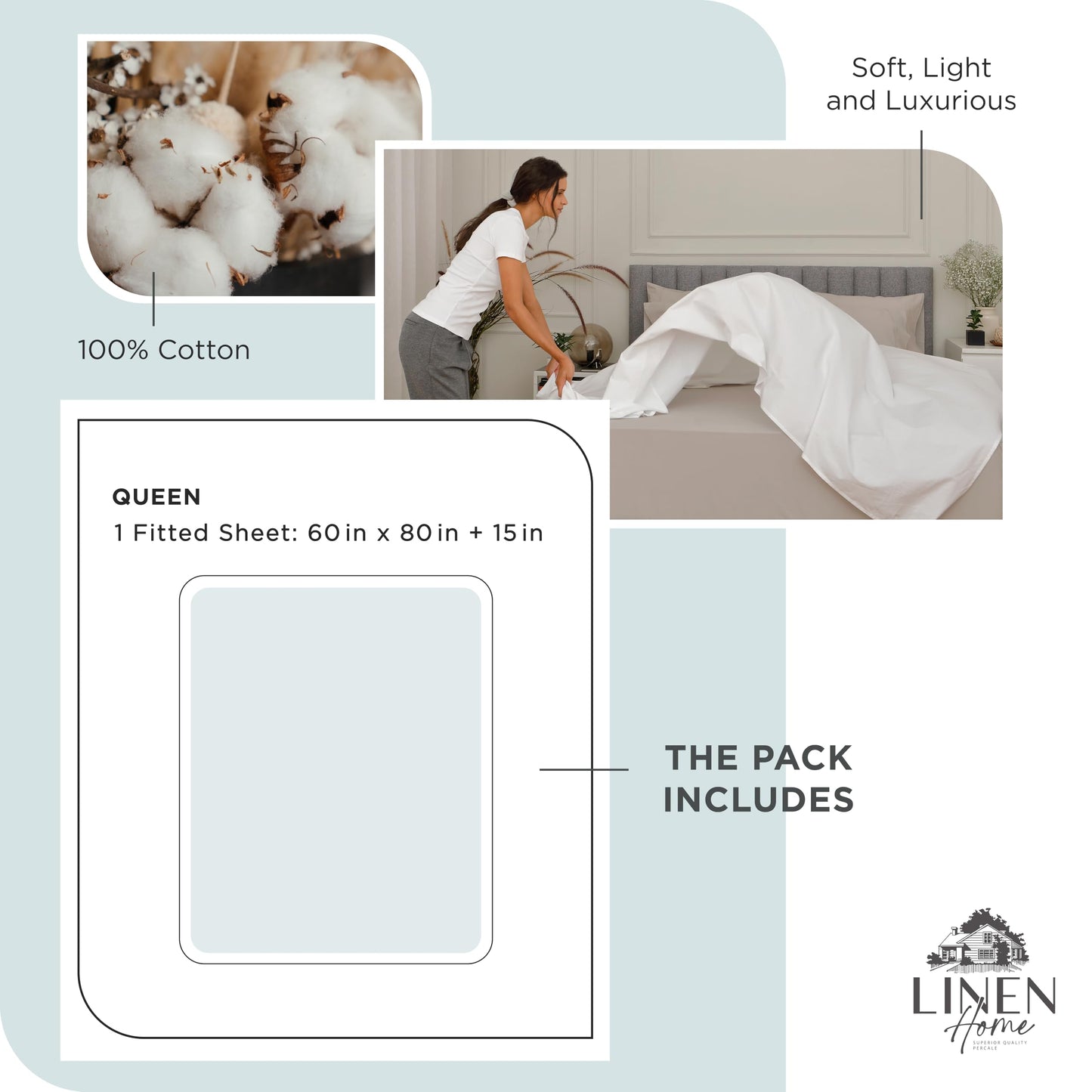 Linen Home 100% Cotton Percale Weave Fitted Sheet, Full Size, Charcoal, 1 Deep Pocket Fitted Sheet, Fits Mattress Upto 16" Crisp and Cool Strong Bed Linen, 54"X75"+15"