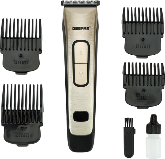 Geepas Rechargeable Hair Clipper- GTR1383| Cordless Hair and Beard Trimmer with High Capacity Battery| Includes 4 Comb Attachments| Precision Steel Blade for Constant Cutting| 2 Years Warranty