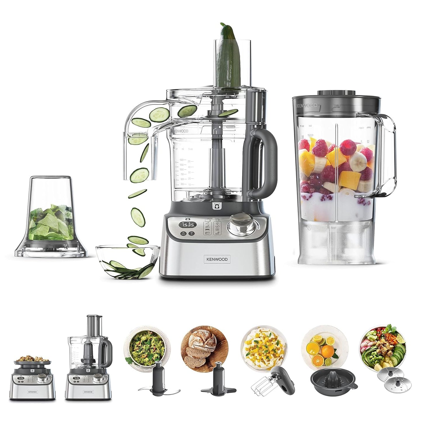 Kenwood Food Processor 1000W With Glass Blender, Glass Mill, Juicer Extractror, Dual Metal Whisk, Dough Maker, Citrus Juicer, Express Serve/Salad Maker, Kitchen Scale/Weighing Tray Fdm71.980Ss Silver